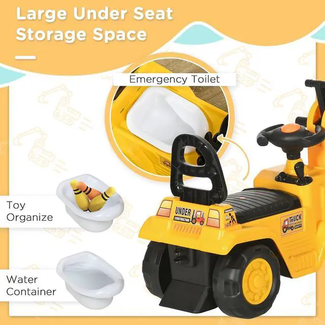 Alt view image 4 of 7 - Ride On Excavator Pull Cart Kids Digger with Horn Ages 18-48 Months | Ride on Truck, Under Seat Storage, Sit and Scoot, Pretend Play Toy Construction Car
