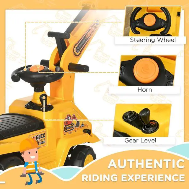 Alt view image 6 of 7 - Ride On Excavator Pull Cart Kids Digger with Horn Ages 18-48 Months | Ride on Truck, Under Seat Storage, Sit and Scoot, Pretend Play Toy Construction Car
