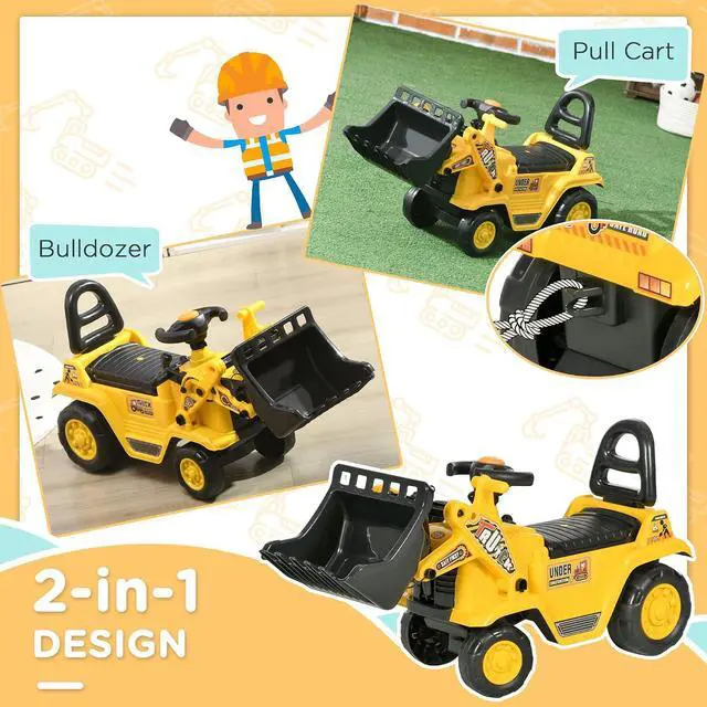 Alt view image 3 of 7 - Ride On Excavator Ride On Bulldozer with Horn, Under Seat Storage | Kids Bulldozer Pull Cart, Sit and Scoot, Pretend Play Toy Construction Car, Ages 18-48 Months