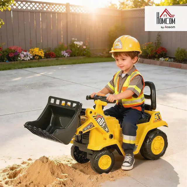 Alt view image 2 of 7 - Ride On Excavator Ride On Bulldozer with Horn, Under Seat Storage | Kids Bulldozer Pull Cart, Sit and Scoot, Pretend Play Toy Construction Car, Ages 18-48 Months