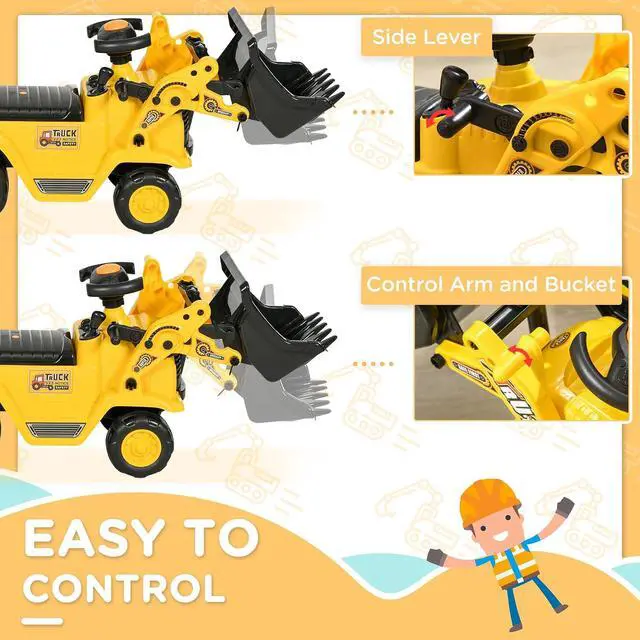 Alt view image 4 of 7 - Ride On Excavator Ride On Bulldozer with Horn, Under Seat Storage | Kids Bulldozer Pull Cart, Sit and Scoot, Pretend Play Toy Construction Car, Ages 18-48 Months