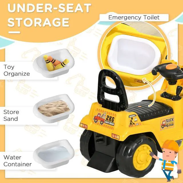 Alt view image 5 of 7 - Ride On Excavator Ride On Bulldozer with Horn, Under Seat Storage | Kids Bulldozer Pull Cart, Sit and Scoot, Pretend Play Toy Construction Car, Ages 18-48 Months
