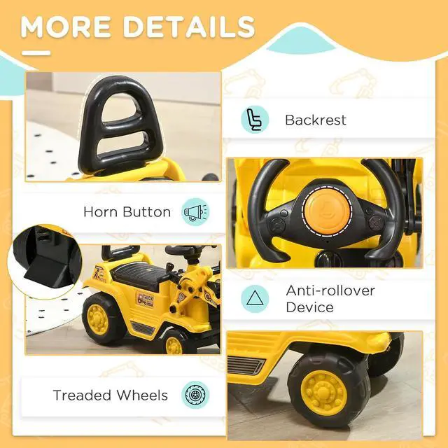 Alt view image 6 of 7 - Ride On Excavator Ride On Bulldozer with Horn, Under Seat Storage | Kids Bulldozer Pull Cart, Sit and Scoot, Pretend Play Toy Construction Car, Ages 18-48 Months