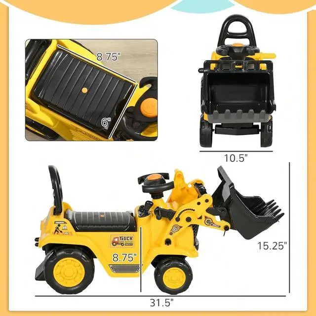 Alt view image 7 of 7 - Ride On Excavator Ride On Bulldozer with Horn, Under Seat Storage | Kids Bulldozer Pull Cart, Sit and Scoot, Pretend Play Toy Construction Car, Ages 18-48 Months