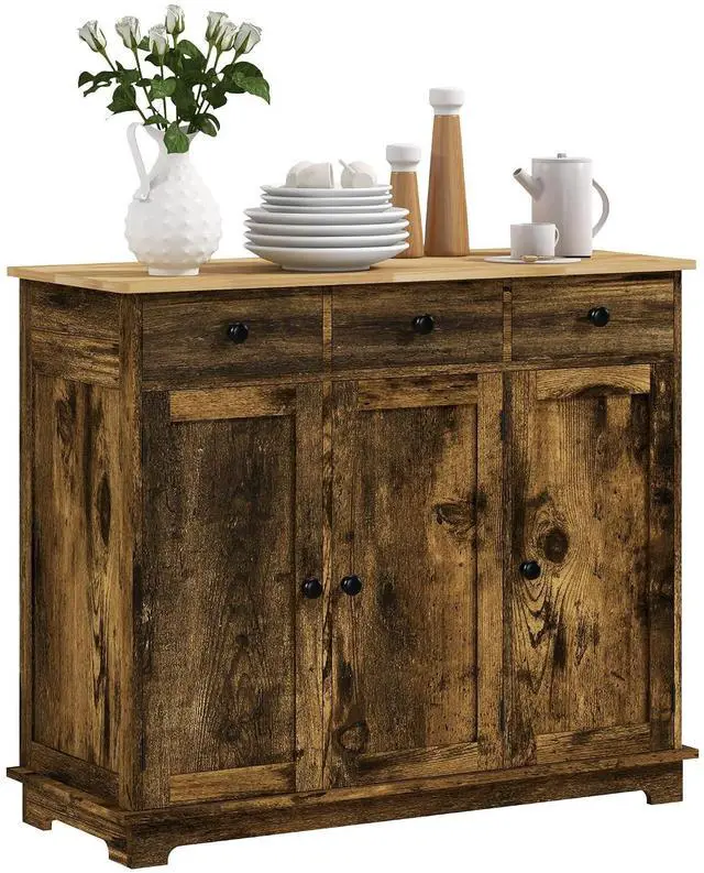 Main image of Sideboard Buffet Cabinet Solid Wood Countertop Rustic Brown | Modern Kitchen Storage, Coffee Bar Cabinet, 3 Drawers, Doors, Adjustable Shelf
