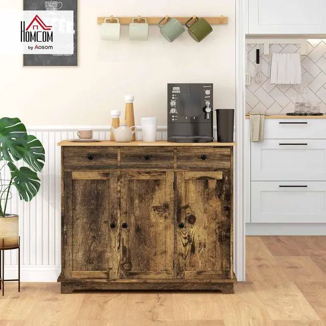 Alt view image 2 of 7 - Sideboard Buffet Cabinet Solid Wood Countertop Rustic Brown | Modern Kitchen Storage, Coffee Bar Cabinet, 3 Drawers, Doors, Adjustable Shelf