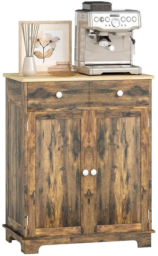 Main image of Sideboard Buffet Cabinet Solid Wood Countertop Rustic Brown | Modern Kitchen Storage, Coffee Bar Cabinet, 2 Drawers, Doors, Adjustable Shelf