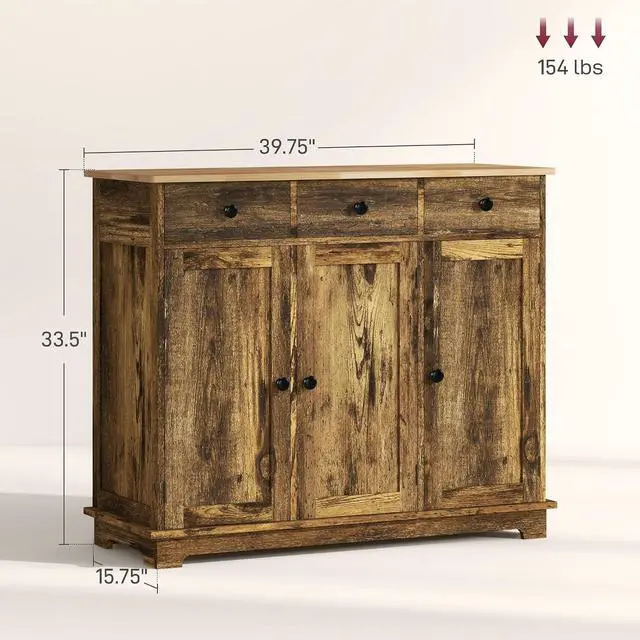 Alt view image 3 of 7 - Sideboard Buffet Cabinet Solid Wood Countertop Rustic Brown | Modern Kitchen Storage, Coffee Bar Cabinet, 3 Drawers, Doors, Adjustable Shelf