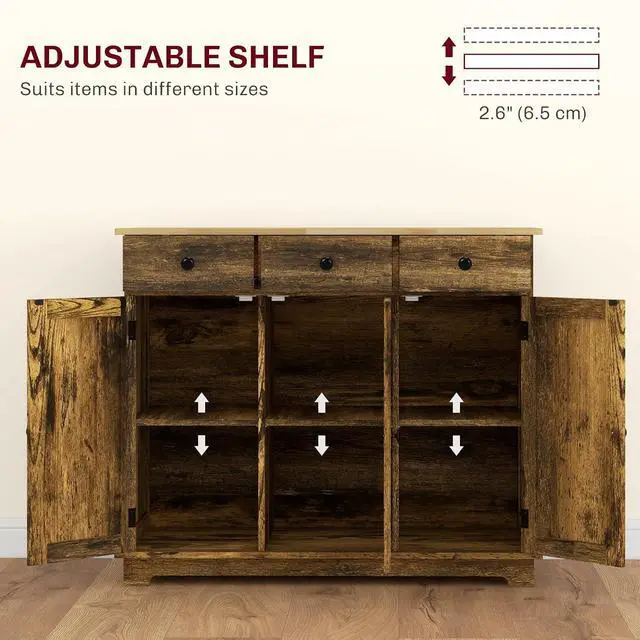 Alt view image 5 of 7 - Sideboard Buffet Cabinet Solid Wood Countertop Rustic Brown | Modern Kitchen Storage, Coffee Bar Cabinet, 3 Drawers, Doors, Adjustable Shelf