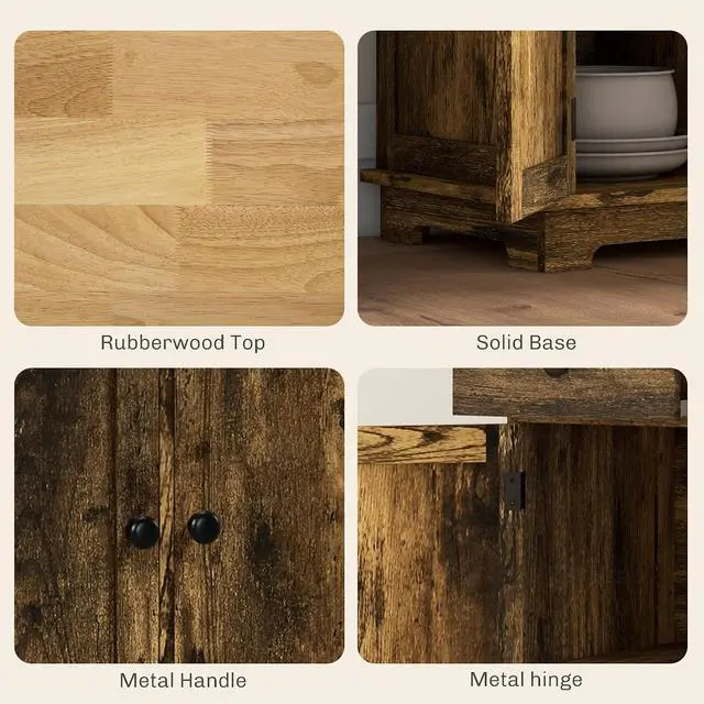 Alt view image 6 of 7 - Sideboard Buffet Cabinet Solid Wood Countertop Rustic Brown | Modern Kitchen Storage, Coffee Bar Cabinet, 3 Drawers, Doors, Adjustable Shelf