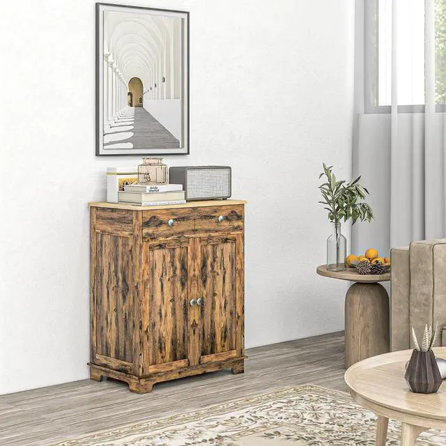 Alt view image 2 of 7 - Sideboard Buffet Cabinet Solid Wood Countertop Rustic Brown | Modern Kitchen Storage, Coffee Bar Cabinet, 2 Drawers, Doors, Adjustable Shelf