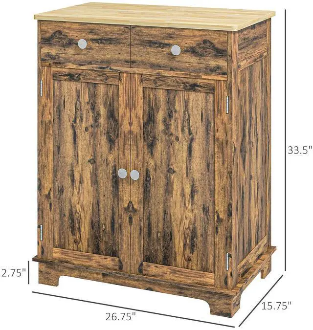 Alt view image 3 of 7 - Sideboard Buffet Cabinet Solid Wood Countertop Rustic Brown | Modern Kitchen Storage, Coffee Bar Cabinet, 2 Drawers, Doors, Adjustable Shelf