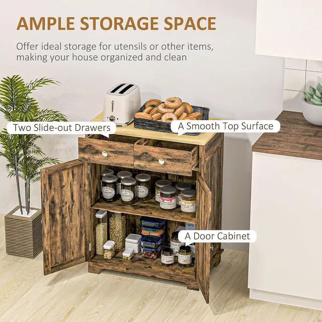 Alt view image 4 of 7 - Sideboard Buffet Cabinet Solid Wood Countertop Rustic Brown | Modern Kitchen Storage, Coffee Bar Cabinet, 2 Drawers, Doors, Adjustable Shelf