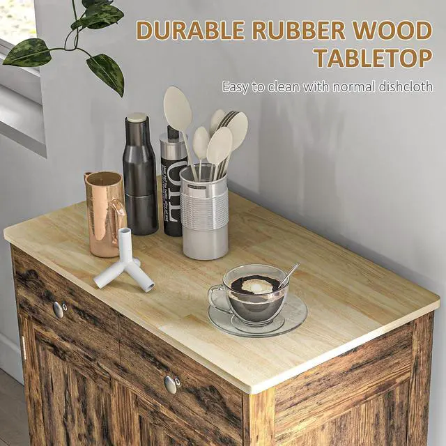 Alt view image 5 of 7 - Sideboard Buffet Cabinet Solid Wood Countertop Rustic Brown | Modern Kitchen Storage, Coffee Bar Cabinet, 2 Drawers, Doors, Adjustable Shelf