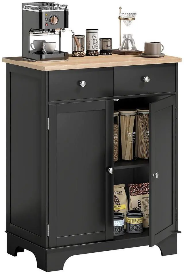 Main image of Sideboard Buffet Cabinet Solid Wood Countertop Black | Modern Kitchen Storage, Coffee Bar Cabinet, 2 Drawers, Doors, Adjustable Shelf
