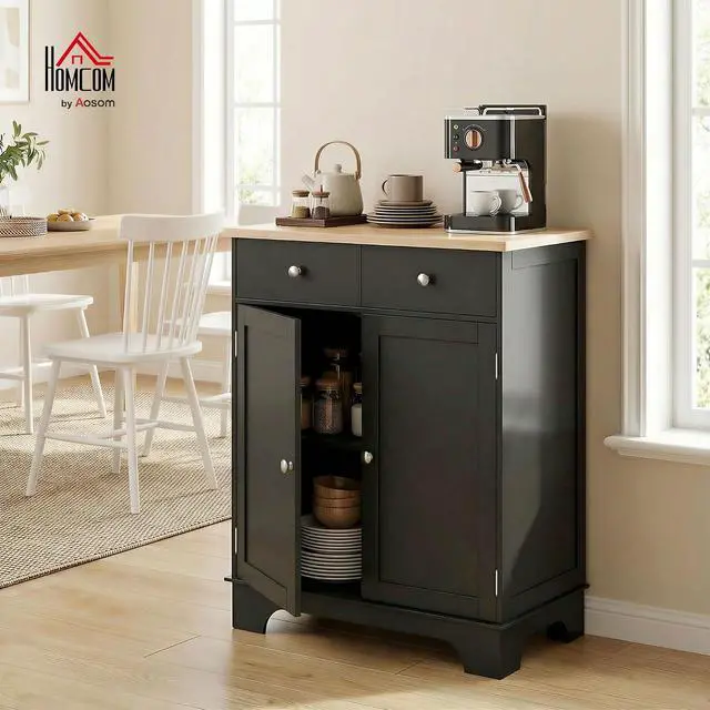 Alt view image 2 of 7 - Sideboard Buffet Cabinet Solid Wood Countertop Black | Modern Kitchen Storage, Coffee Bar Cabinet, 2 Drawers, Doors, Adjustable Shelf