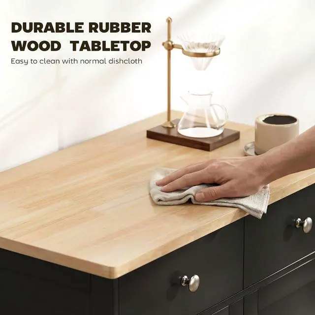 Alt view image 5 of 7 - Sideboard Buffet Cabinet Solid Wood Countertop Black | Modern Kitchen Storage, Coffee Bar Cabinet, 2 Drawers, Doors, Adjustable Shelf