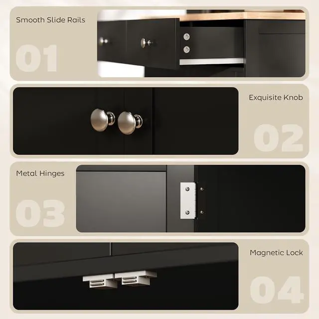 Alt view image 7 of 7 - Sideboard Buffet Cabinet Solid Wood Countertop Black | Modern Kitchen Storage, Coffee Bar Cabinet, 2 Drawers, Doors, Adjustable Shelf
