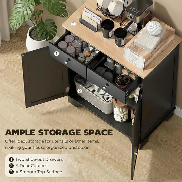 Alt view image 4 of 7 - Sideboard Buffet Cabinet Solid Wood Countertop Black | Modern Kitchen Storage, Coffee Bar Cabinet, 2 Drawers, Doors, Adjustable Shelf