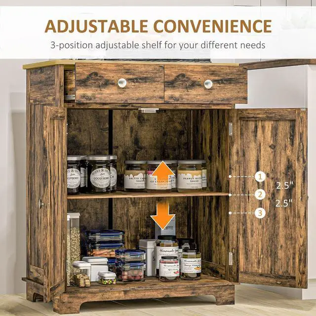 Alt view image 6 of 7 - Sideboard Buffet Cabinet Solid Wood Countertop Rustic Brown | Modern Kitchen Storage, Coffee Bar Cabinet, 2 Drawers, Doors, Adjustable Shelf