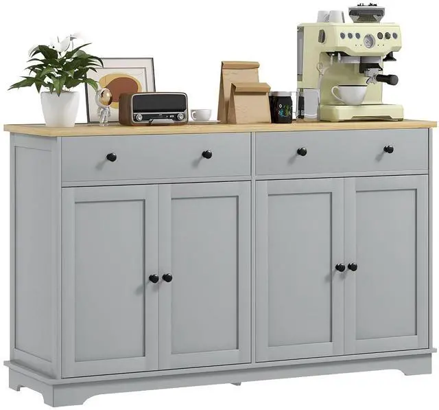 Main image of Sideboard Buffet Cabinet Solid Wood Countertop Gray | Modern Kitchen Storage, Coffee Bar Cabinet, 2 Drawers, Doors, Adjustable Shelf