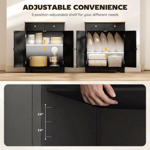 Alt view image 6 of 7 - Sideboard Buffet Cabinet Solid Wood Countertop Black | Modern Kitchen Storage, Coffee Bar Cabinet, 2 Drawers, Doors, Adjustable Shelf