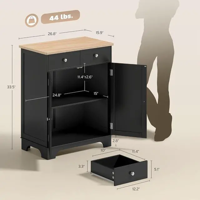 Alt view image 3 of 7 - Sideboard Buffet Cabinet Solid Wood Countertop Black | Modern Kitchen Storage, Coffee Bar Cabinet, 2 Drawers, Doors, Adjustable Shelf