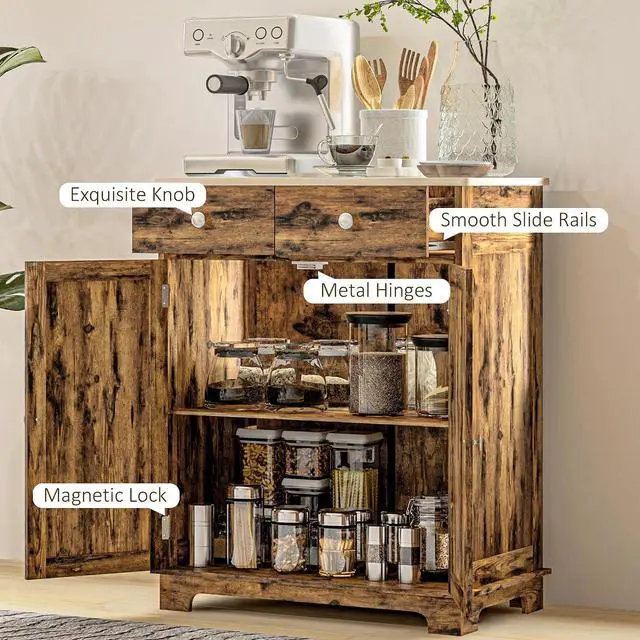 Alt view image 7 of 7 - Sideboard Buffet Cabinet Solid Wood Countertop Rustic Brown | Modern Kitchen Storage, Coffee Bar Cabinet, 2 Drawers, Doors, Adjustable Shelf