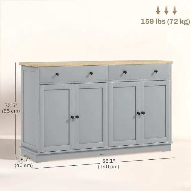 Alt view image 3 of 7 - Sideboard Buffet Cabinet Solid Wood Countertop Gray | Modern Kitchen Storage, Coffee Bar Cabinet, 2 Drawers, Doors, Adjustable Shelf