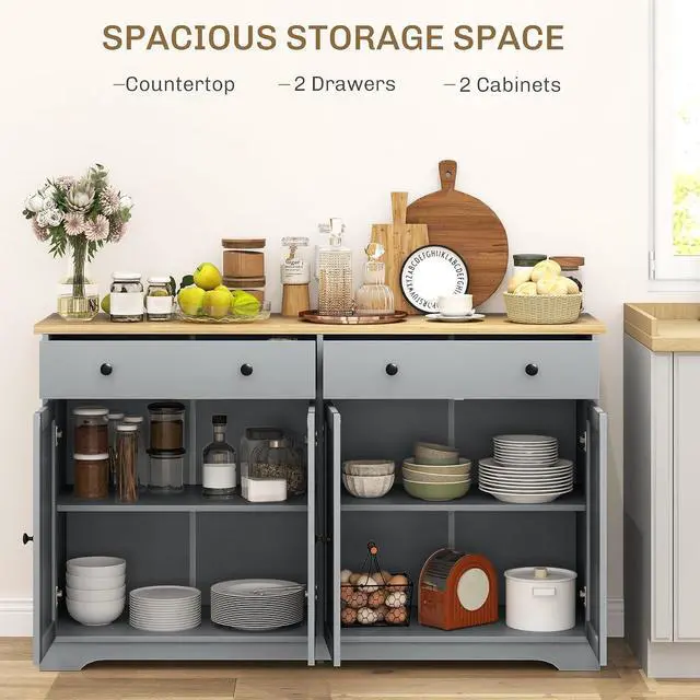 Alt view image 4 of 7 - Sideboard Buffet Cabinet Solid Wood Countertop Gray | Modern Kitchen Storage, Coffee Bar Cabinet, 2 Drawers, Doors, Adjustable Shelf