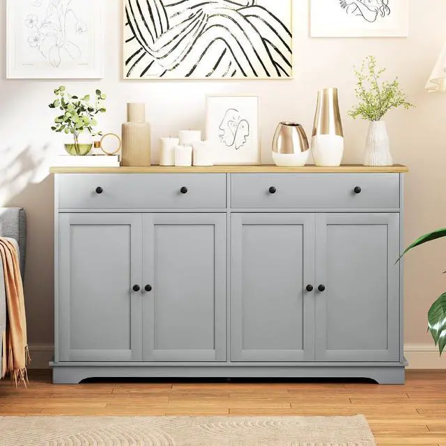 Alt view image 2 of 7 - Sideboard Buffet Cabinet Solid Wood Countertop Gray | Modern Kitchen Storage, Coffee Bar Cabinet, 2 Drawers, Doors, Adjustable Shelf