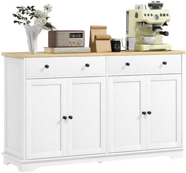Main image of Sideboard Buffet Cabinet Solid Wood Countertop 55" White | Modern Kitchen Storage, Coffee Bar Cabinet, 4 Drawers, 2 Doors, 2 Adjustable Shelf