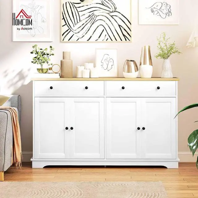 Alt view image 2 of 7 - Sideboard Buffet Cabinet Solid Wood Countertop 55" White | Modern Kitchen Storage, Coffee Bar Cabinet, 4 Drawers, 2 Doors, 2 Adjustable Shelf