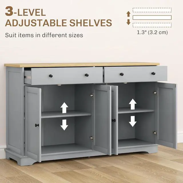 Alt view image 5 of 7 - Sideboard Buffet Cabinet Solid Wood Countertop Gray | Modern Kitchen Storage, Coffee Bar Cabinet, 2 Drawers, Doors, Adjustable Shelf