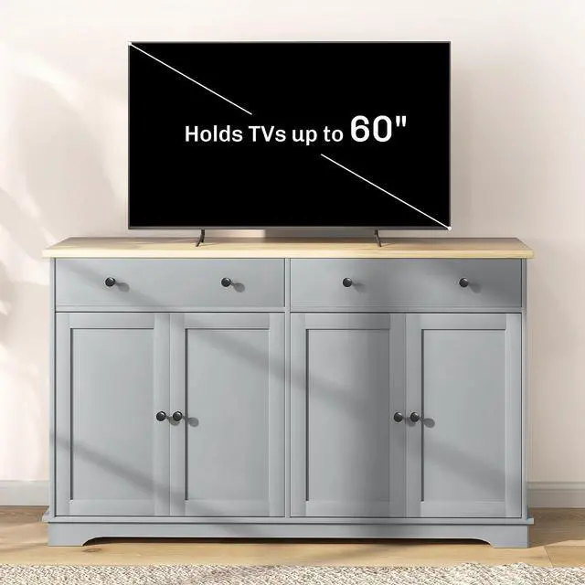 Alt view image 6 of 7 - Sideboard Buffet Cabinet Solid Wood Countertop Gray | Modern Kitchen Storage, Coffee Bar Cabinet, 2 Drawers, Doors, Adjustable Shelf