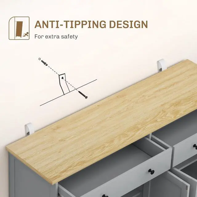 Alt view image 7 of 7 - Sideboard Buffet Cabinet Solid Wood Countertop Gray | Modern Kitchen Storage, Coffee Bar Cabinet, 2 Drawers, Doors, Adjustable Shelf