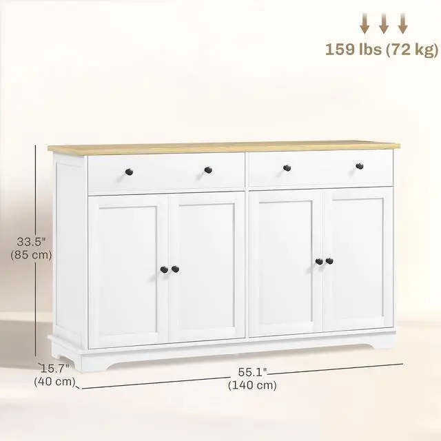 Alt view image 3 of 7 - Sideboard Buffet Cabinet Solid Wood Countertop 55" White | Modern Kitchen Storage, Coffee Bar Cabinet, 4 Drawers, 2 Doors, 2 Adjustable Shelf