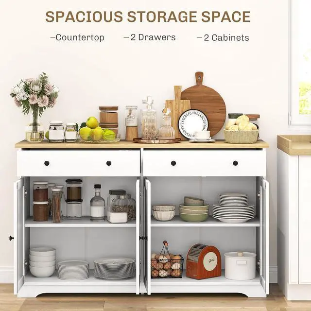 Alt view image 4 of 7 - Sideboard Buffet Cabinet Solid Wood Countertop 55" White | Modern Kitchen Storage, Coffee Bar Cabinet, 4 Drawers, 2 Doors, 2 Adjustable Shelf
