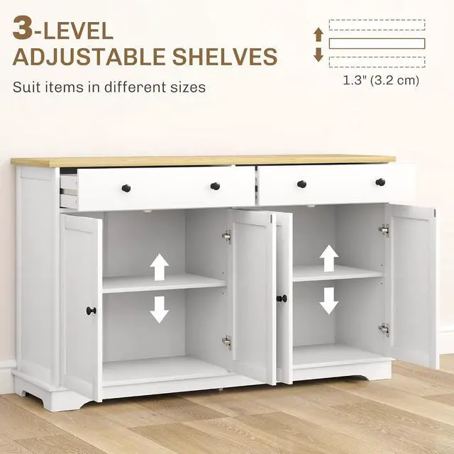 Alt view image 5 of 7 - Sideboard Buffet Cabinet Solid Wood Countertop 55" White | Modern Kitchen Storage, Coffee Bar Cabinet, 4 Drawers, 2 Doors, 2 Adjustable Shelf