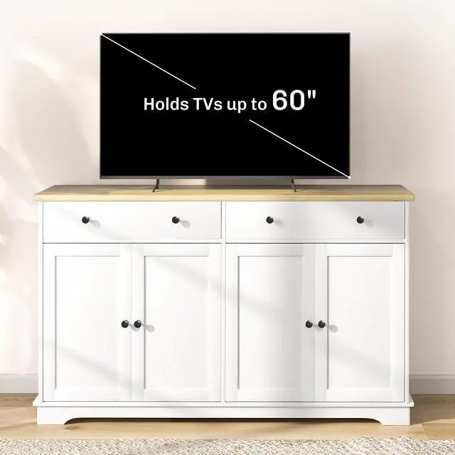Alt view image 6 of 7 - Sideboard Buffet Cabinet Solid Wood Countertop 55" White | Modern Kitchen Storage, Coffee Bar Cabinet, 4 Drawers, 2 Doors, 2 Adjustable Shelf
