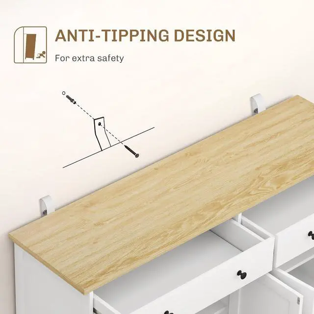 Alt view image 7 of 7 - Sideboard Buffet Cabinet Solid Wood Countertop 55" White | Modern Kitchen Storage, Coffee Bar Cabinet, 4 Drawers, 2 Doors, 2 Adjustable Shelf
