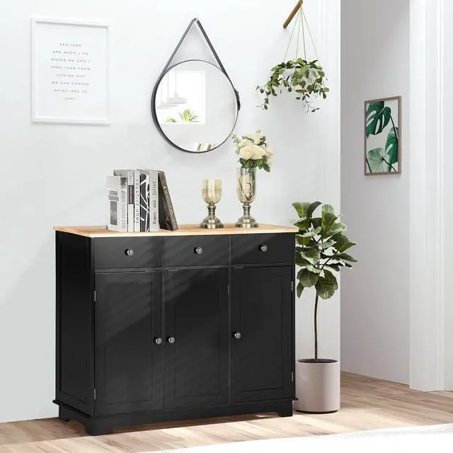 Alt view image 2 of 7 - Sideboard Buffet Cabinet Solid Wood Countertop Black | Modern Kitchen Storage, Coffee Bar Cabinet, 3 Drawers, Doors, Adjustable Shelf