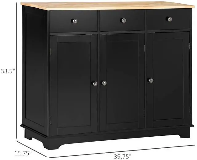 Alt view image 3 of 7 - Sideboard Buffet Cabinet Solid Wood Countertop Black | Modern Kitchen Storage, Coffee Bar Cabinet, 3 Drawers, Doors, Adjustable Shelf