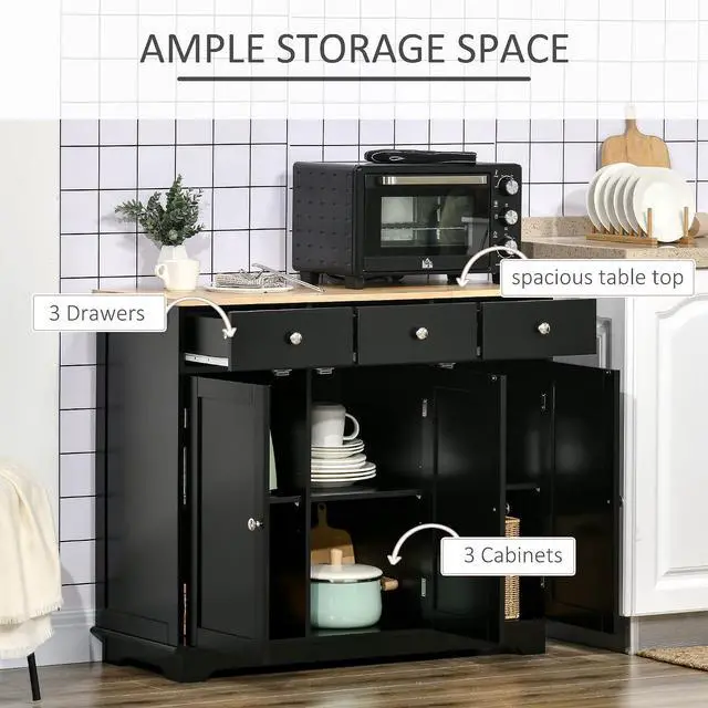 Alt view image 4 of 7 - Sideboard Buffet Cabinet Solid Wood Countertop Black | Modern Kitchen Storage, Coffee Bar Cabinet, 3 Drawers, Doors, Adjustable Shelf