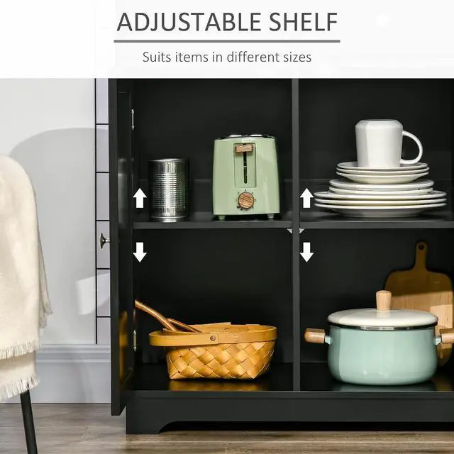 Alt view image 5 of 7 - Sideboard Buffet Cabinet Solid Wood Countertop Black | Modern Kitchen Storage, Coffee Bar Cabinet, 3 Drawers, Doors, Adjustable Shelf