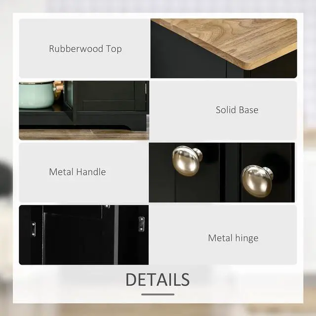 Alt view image 6 of 7 - Sideboard Buffet Cabinet Solid Wood Countertop Black | Modern Kitchen Storage, Coffee Bar Cabinet, 3 Drawers, Doors, Adjustable Shelf