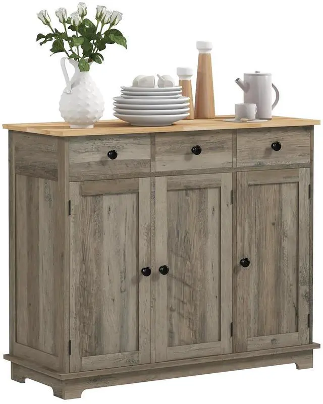 Main image of Sideboard Buffet Cabinet Solid Wood Countertop Distressed Gray | Modern Kitchen Storage, Coffee Bar Cabinet, 3 Drawers, Doors, Adjustable Shelf