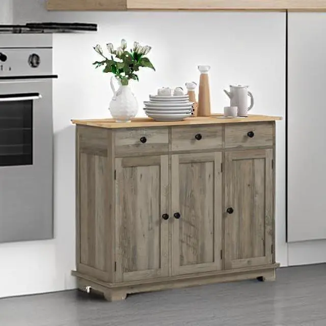 Alt view image 6 of 7 - Sideboard Buffet Cabinet Solid Wood Countertop Distressed Gray | Modern Kitchen Storage, Coffee Bar Cabinet, 3 Drawers, Doors, Adjustable Shelf
