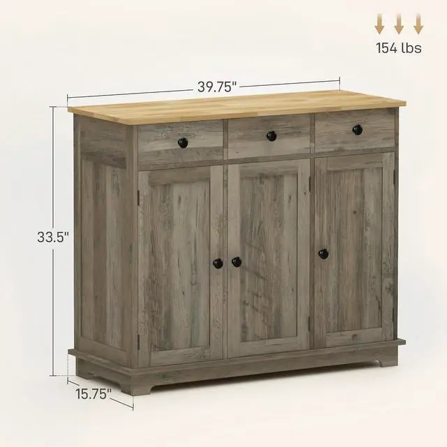 Alt view image 3 of 7 - Sideboard Buffet Cabinet Solid Wood Countertop Distressed Gray | Modern Kitchen Storage, Coffee Bar Cabinet, 3 Drawers, Doors, Adjustable Shelf