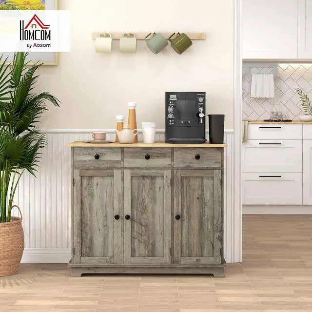 Alt view image 2 of 7 - Sideboard Buffet Cabinet Solid Wood Countertop Distressed Gray | Modern Kitchen Storage, Coffee Bar Cabinet, 3 Drawers, Doors, Adjustable Shelf